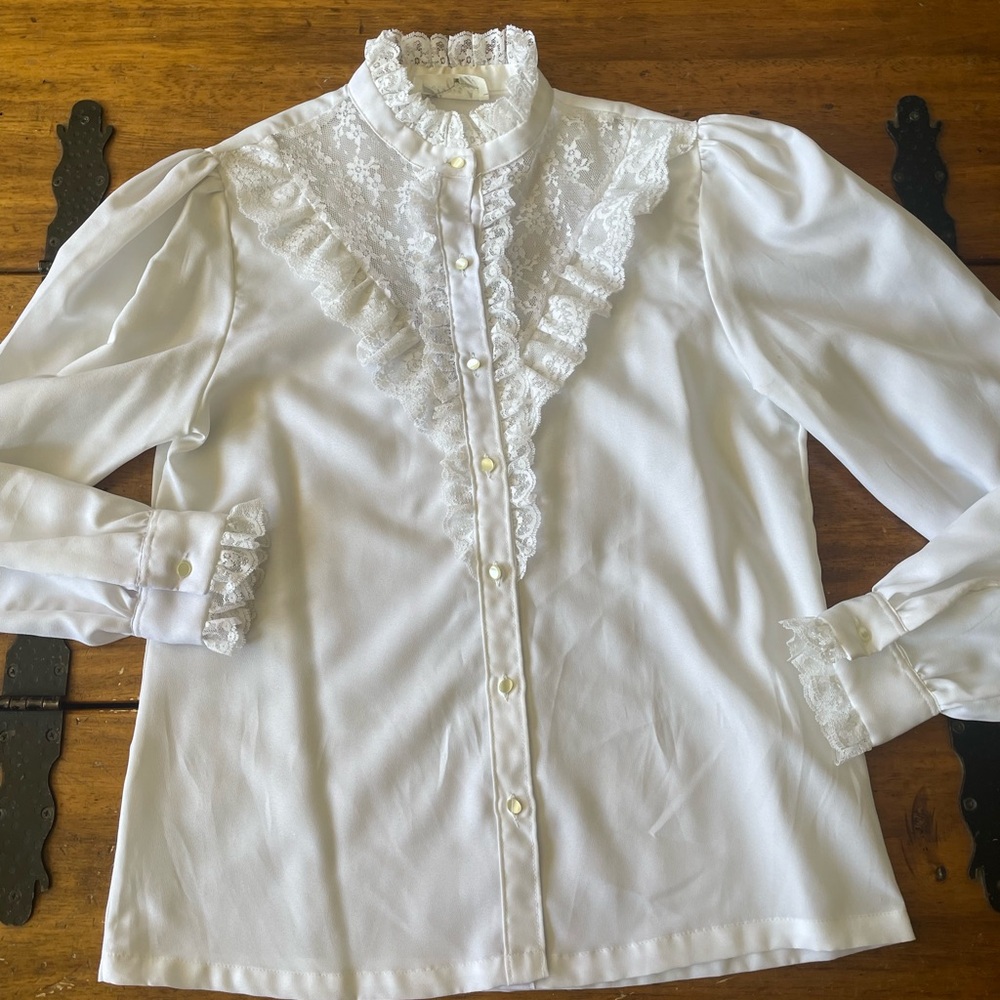 Vintage Shapely Ruffle Victorian Blouse White 12 Fairygoth Cottagecore Prairie - Picture 5 of 10